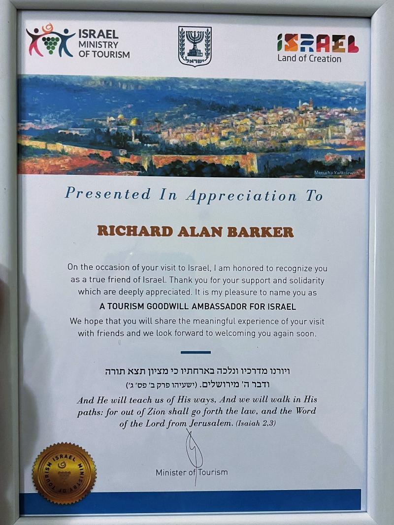 A TOURISM GOODWILL AMBASSDOR FOR ISRAEL